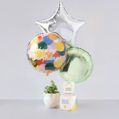 “Happy Birthday” Balloon Arrangement with Candle and Mini Plant 25141