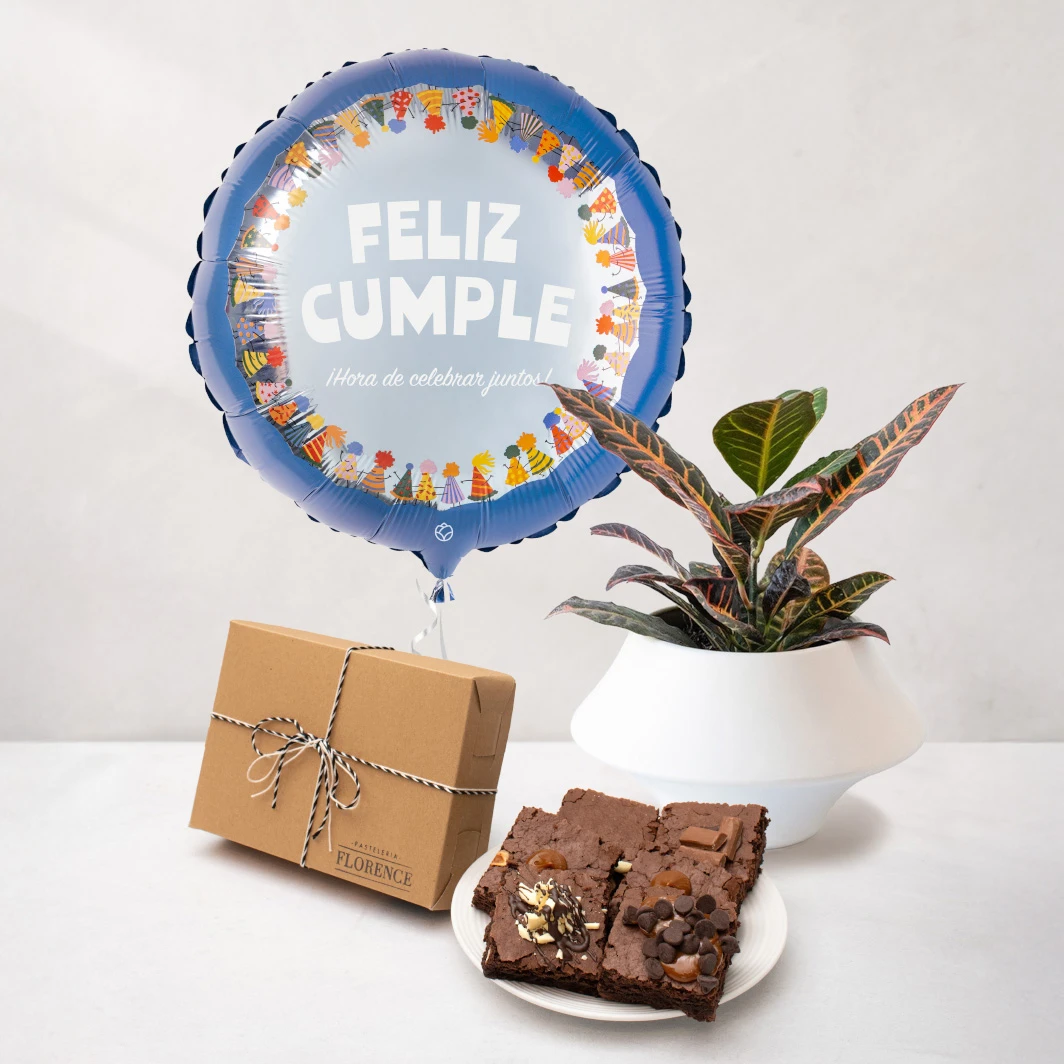 Brownies con Planta y Globo "Feliz Cumple" 25143