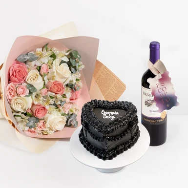 Pastel Florence con Flores y Vino Merlot con Distintivo Escorpio 25311