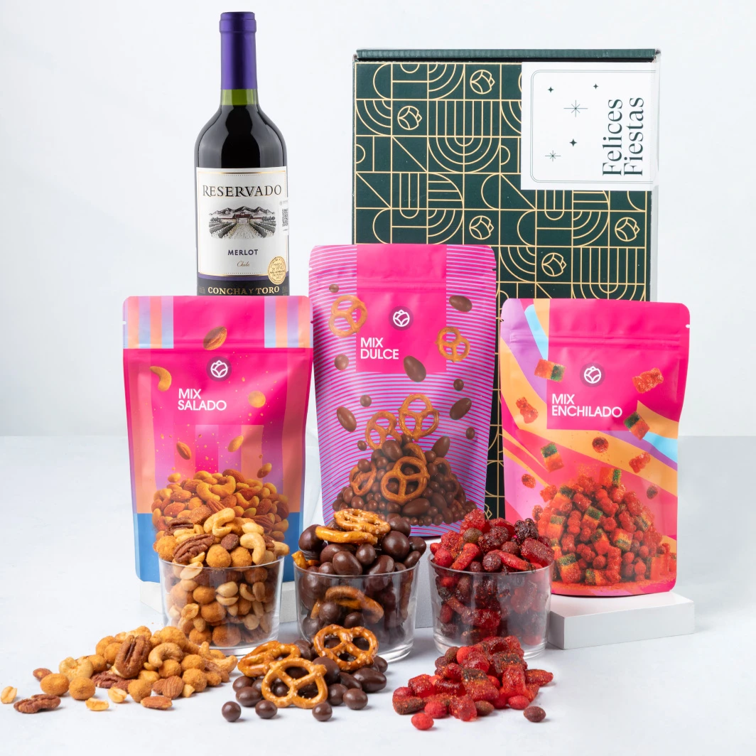 "Felices Fiestas" Basket with Merlot Wine and Snacks 25449