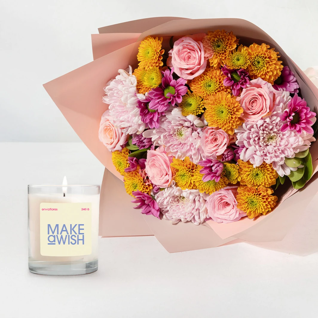 Roses and Daisies Bouquet with “Make a Wish” Candle 25472