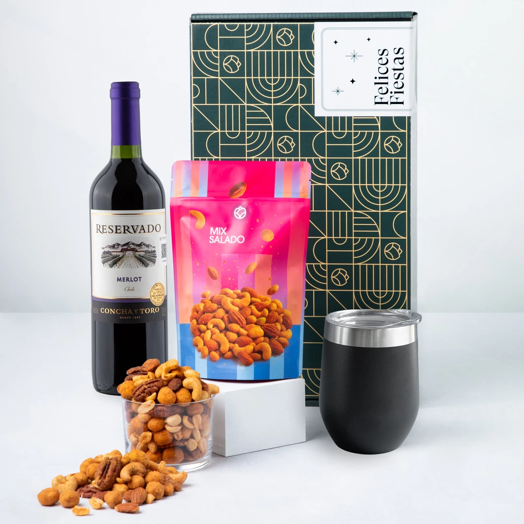Felices Fiestas con Vino, Termo Personalizado y Botana 25480-P