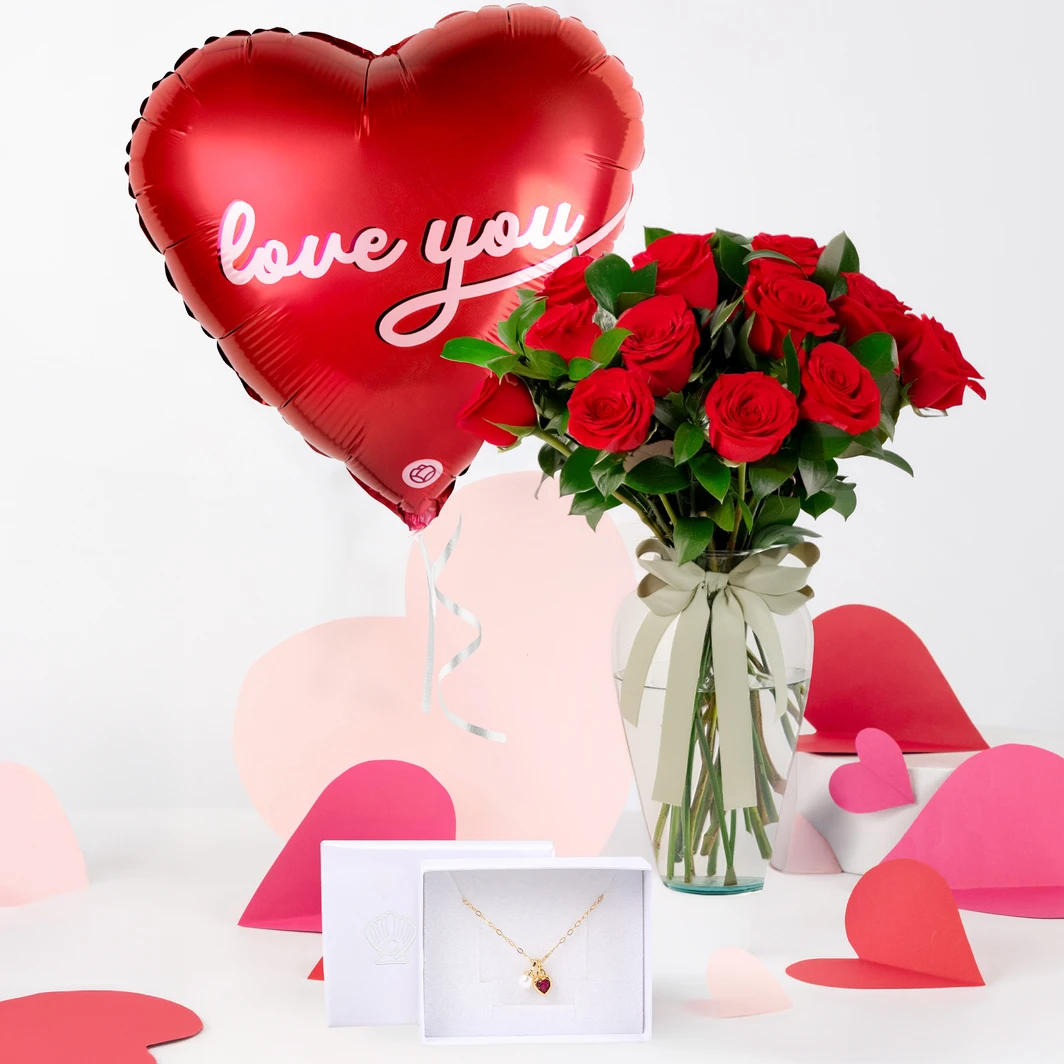 Amor en Rojo: Rosas Rojas, Collar Love Rojo y Globo "Love You" 25577