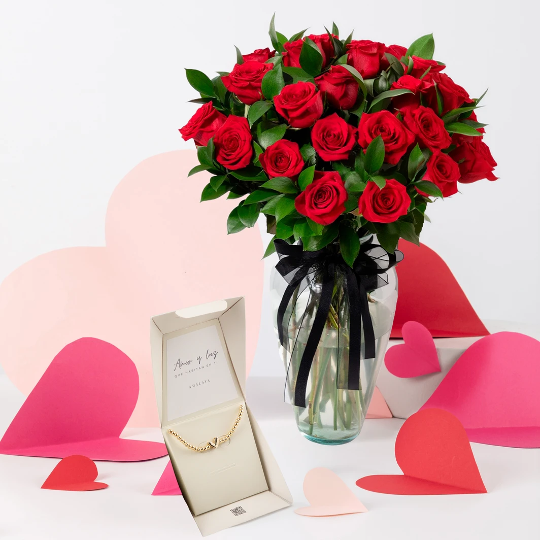 Talismán de Amor: 24 Rosas Rojas con Pulsera Mini Talismán Heart  25578