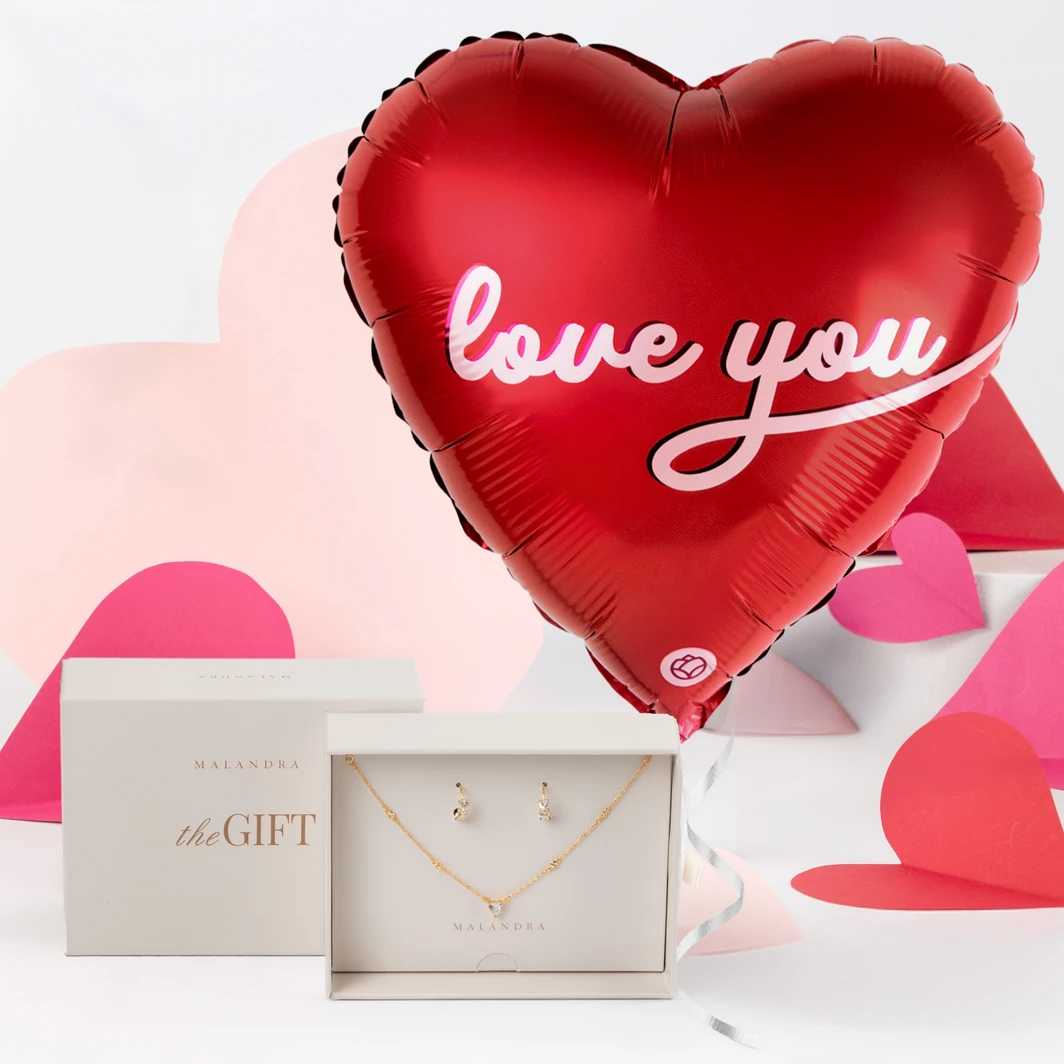 Brillo de Corazones en Aretes y Collar con Globo "Love You" 25579