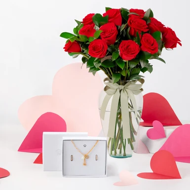 Amor con Rosas Rojas, Set Collar Chic Love y Aretes Huggies 25580