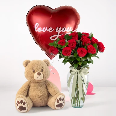 Dulce Abrazo con Oso de Peluche, Rosas Rojas y Globo "I Love You" 25581