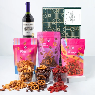 Caja Personalizada  Etiqueta con Vino Merlot y Botanas 25586-P