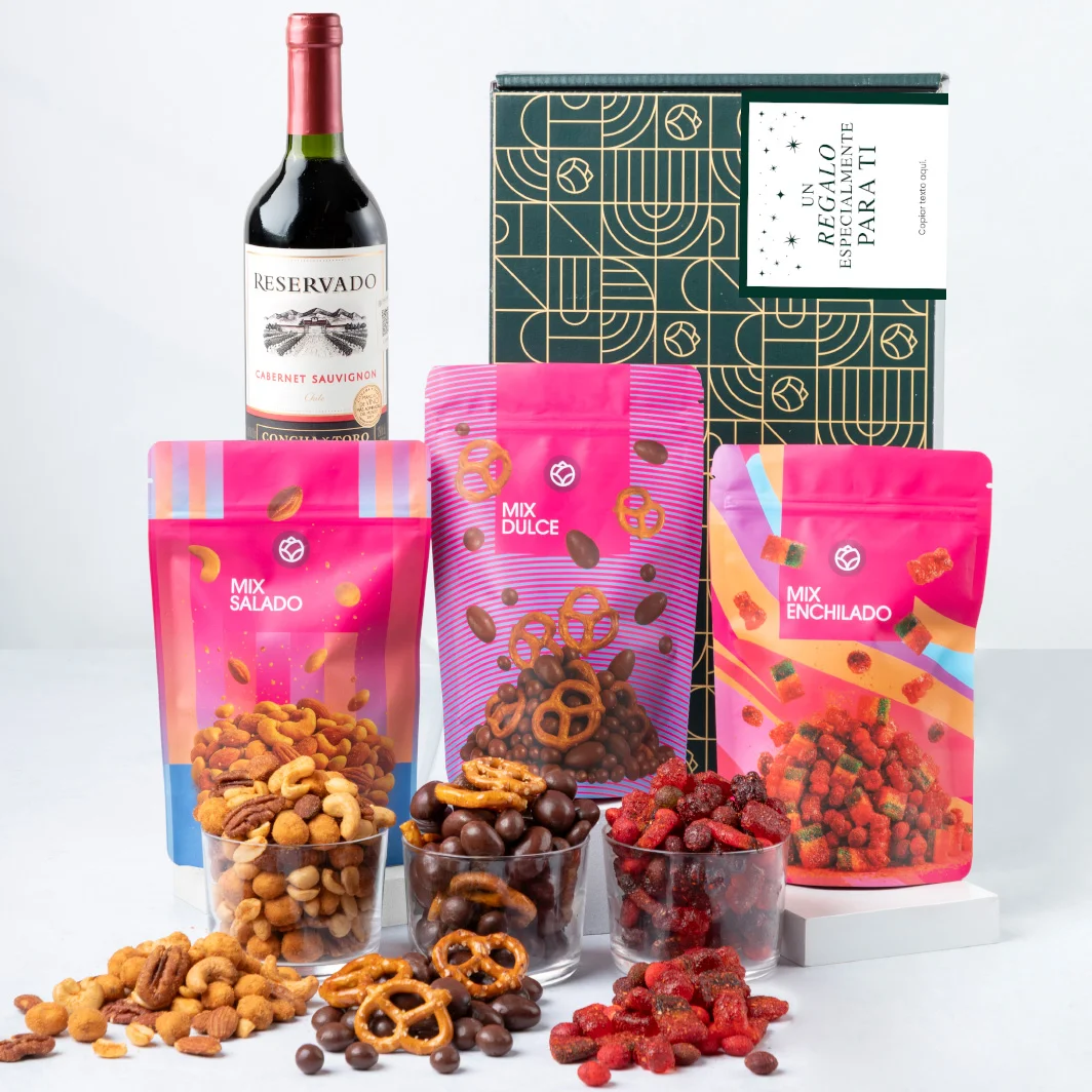 Personalized Box with Concha y Toro Cabernet Wine and Snacks Label 25588-P