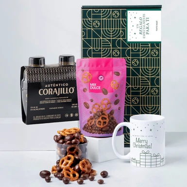 Caja Personalizada Etiqueta con Duo Pack Auténtico Corajillo, Mix Dulce y Taza "Merry Christmas" 25597-P