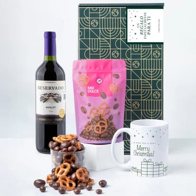 Caja Personalizada Etiqueta con Merlot, Mix Dulce y Taza "Merry Christmas" 25598-P