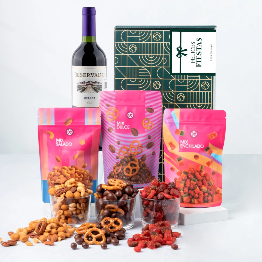 Caja Personalizada Etiqueta con Vino Merlot y Botanas EF 25608-P