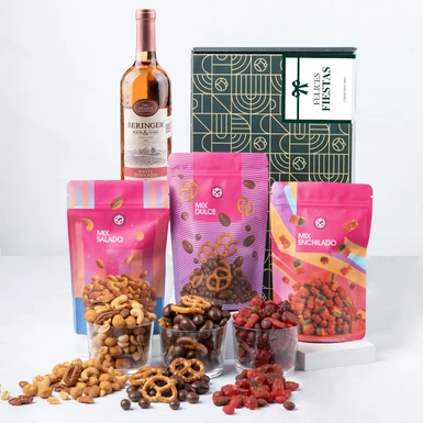 Caja Personalizada  Etiqueta con Vino Beringer y Botanas EF 25609