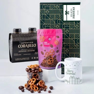Caja Personalizada Etiqueta con Duo Pack Auténtico Corajillo, Mix Dulce y Taza "Merry Christmas" 25619-P