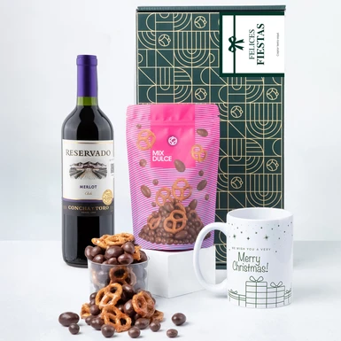 Caja Personalizada Etiqueta con Merlot, Mix Dulce y Taza "Merry Christmas" 25620-P