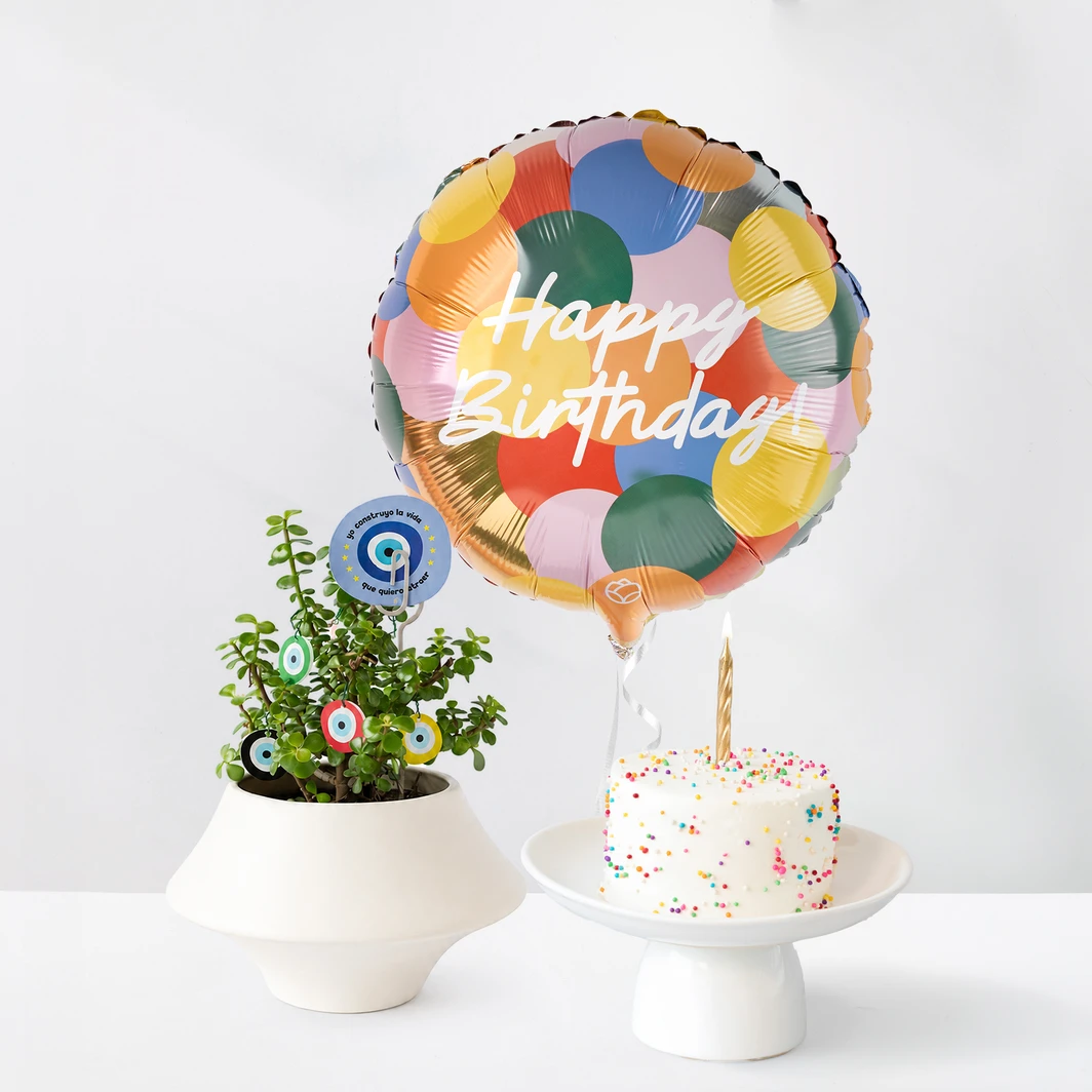 Good Vibes Plant with La Divinata Birthday Cake and "Happy Birthday" Balloon 25635