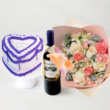 Pastel Florence con Flores y Vino Merlot con Distintivo Sagitario 25662