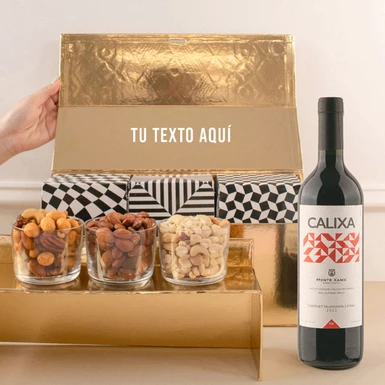 Personaliza Canasta Dorada con Vino Calixa y Botanas 25682-P