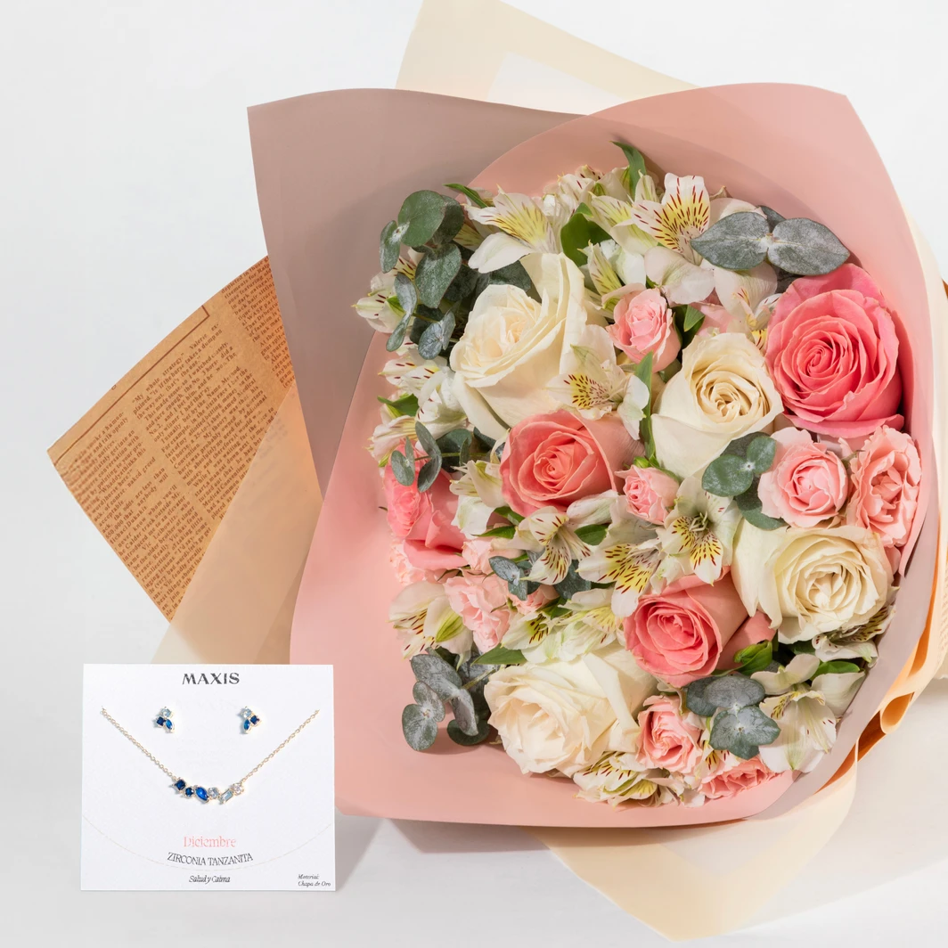 Set Piedra del Mes de Diciembre con Ramo de Rosas 25747