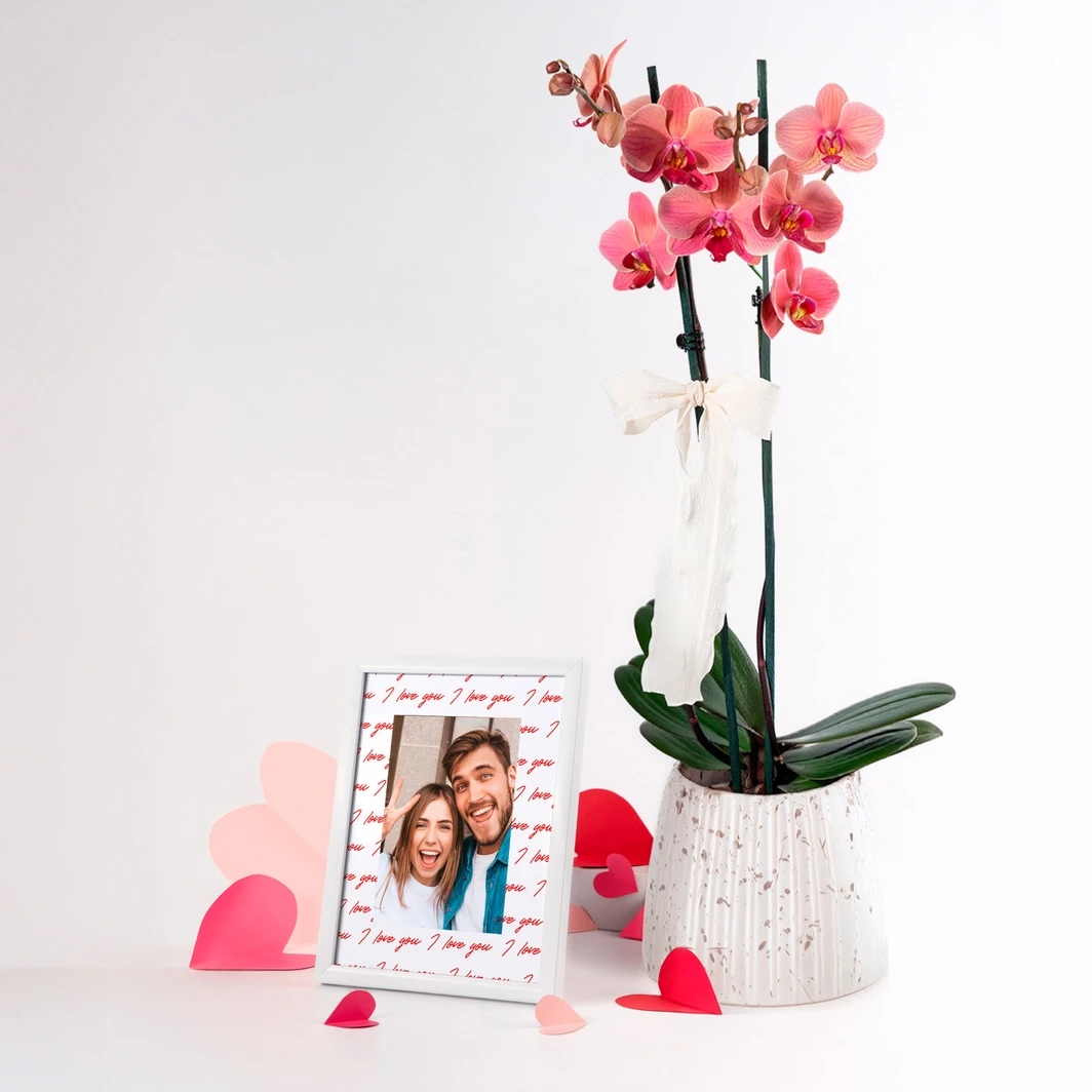 Orquídea Salmón con Marco Blanco "I Love You" 25777