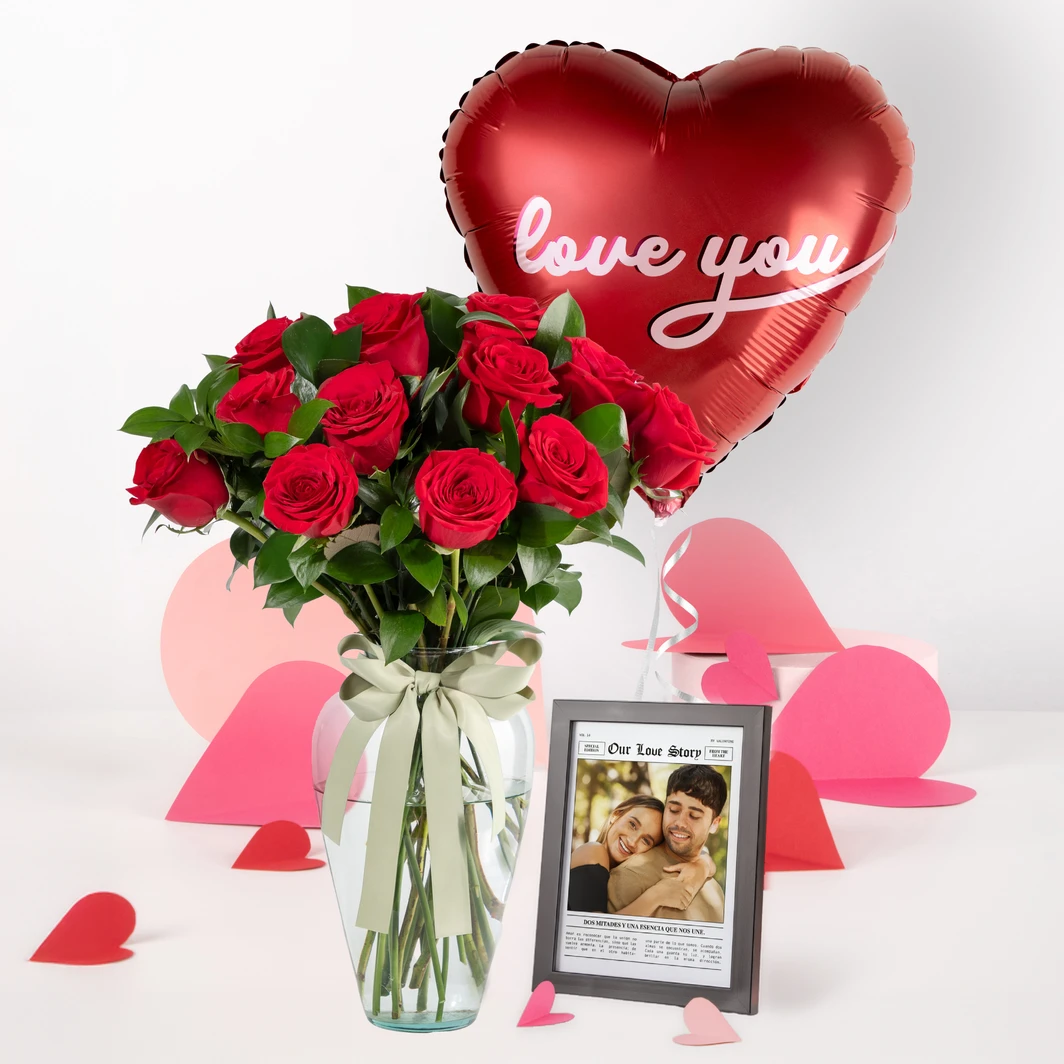 12 Rosas Rojas con Marco Negro "Our Love Story" y Globo 18" 25778