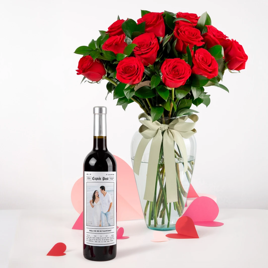 12 Rosas Rojas con Vino 3V con etiqueta "Will You Be My Valentine?" 25780