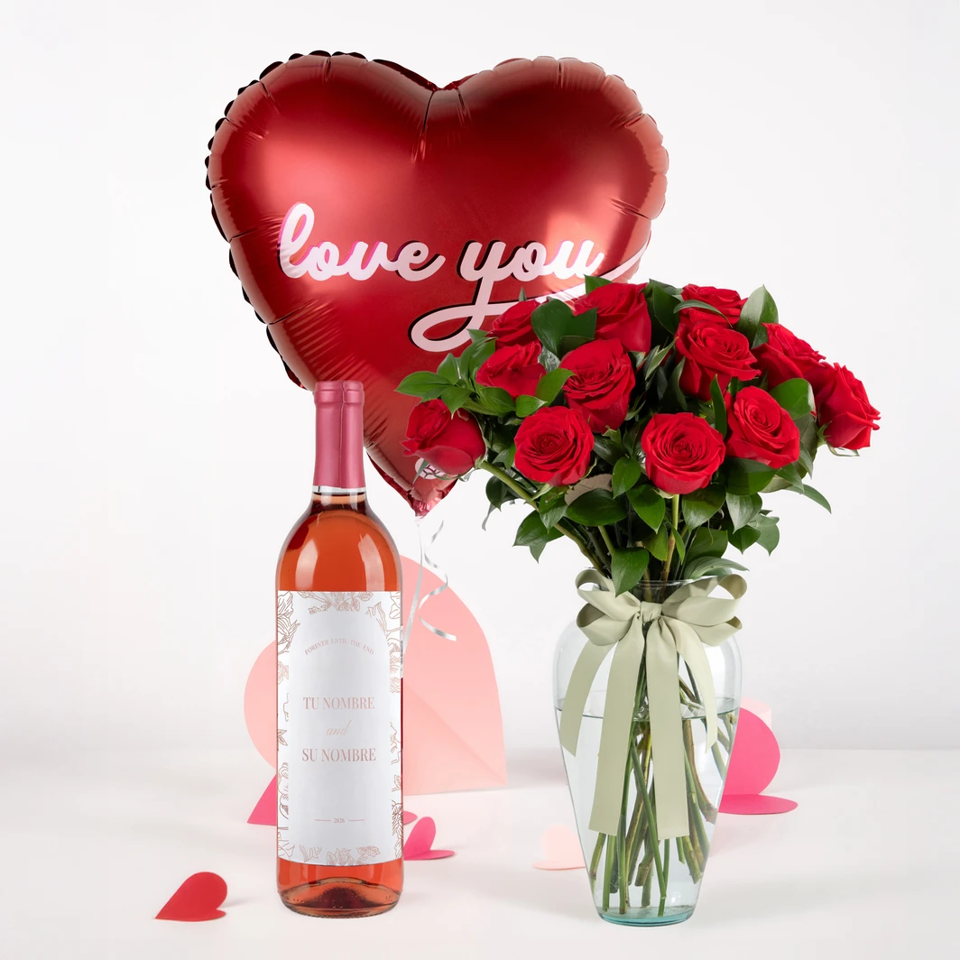 12 Rosas Rojas con Vino Beringer con etiqueta "Forever Until The End" y Globo 18" 25788