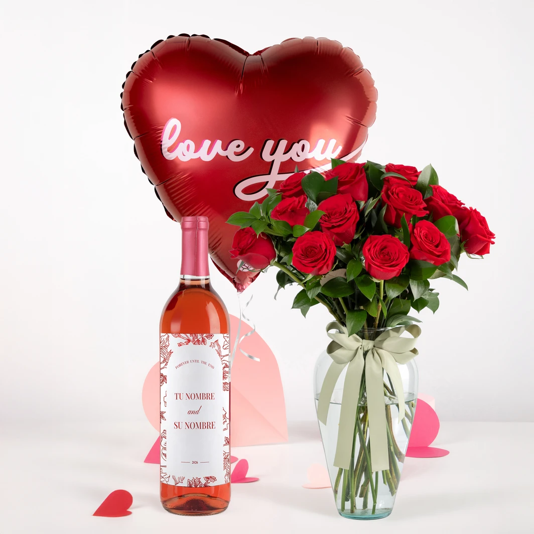 12 Rosas Rojas con Vino Beringer con etiqueta "Forever Until The End" y Globo 18" 25789