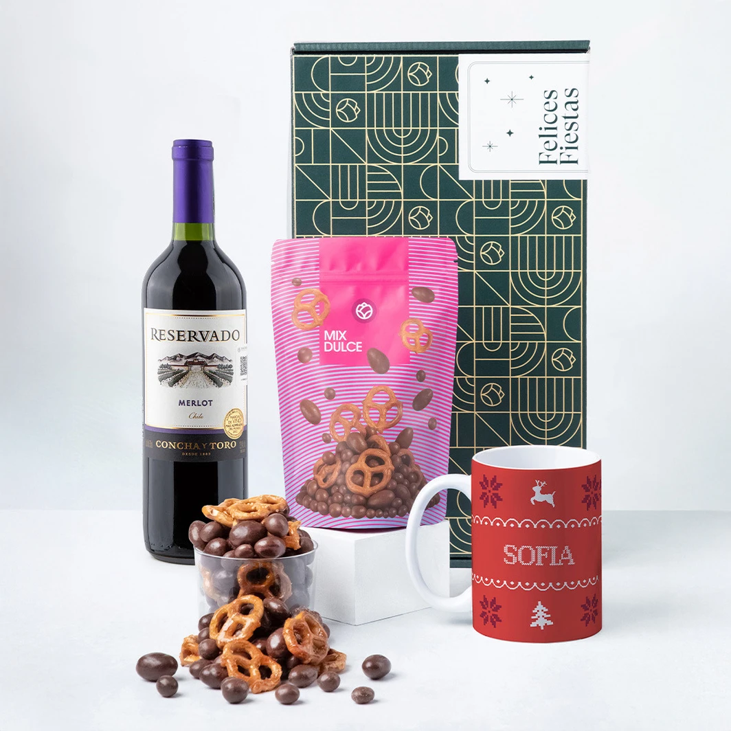 Vino Merlot con Taza y Bolsa Mix Dulce Felices Fiestas 25864-P