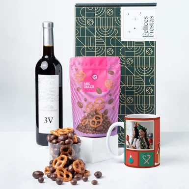 3V Wine Basket with "Christmas Collage" Mug and Sweet Mix 25877-P