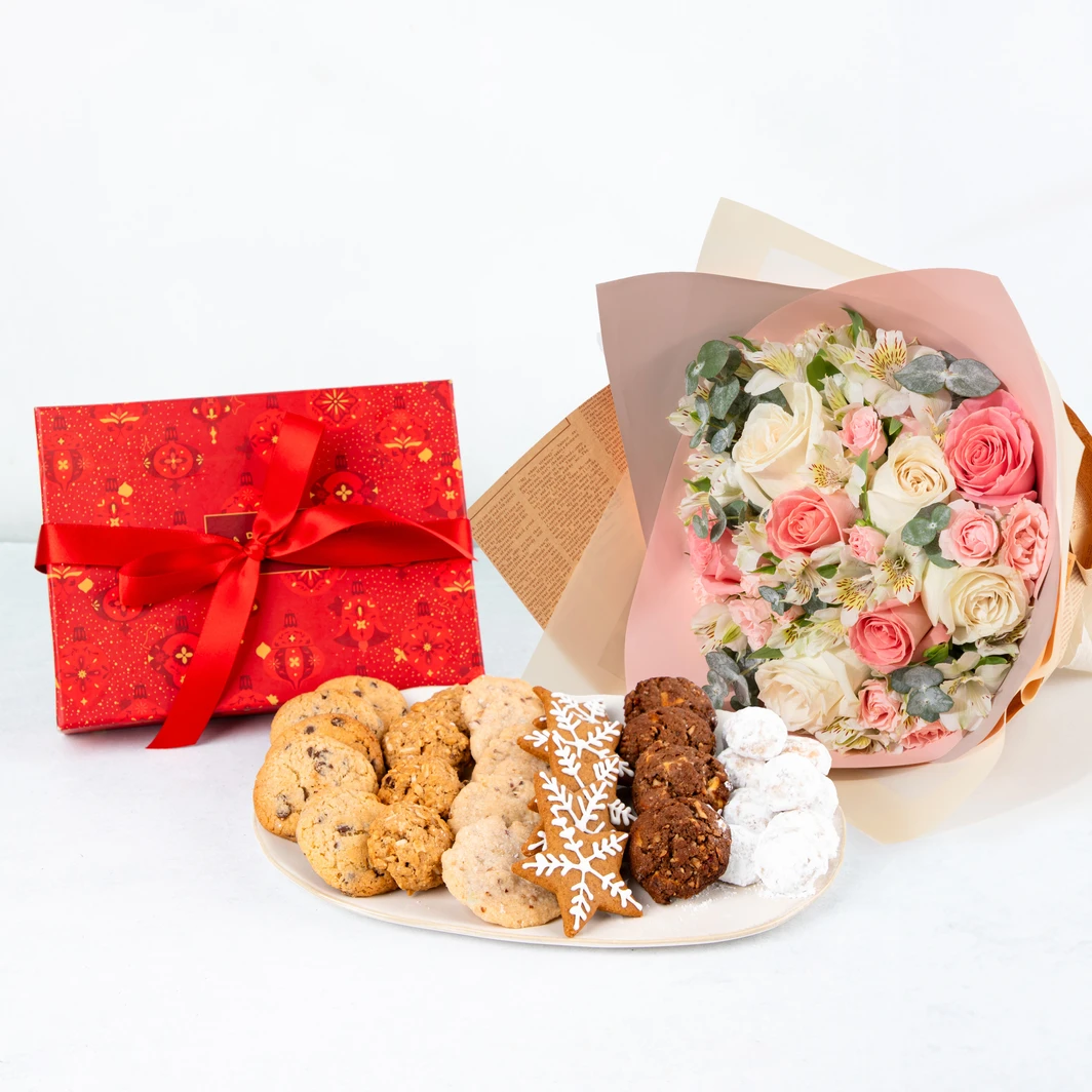 Christmas Cookies with a Bouquet of Red Rose and White Rose 25940