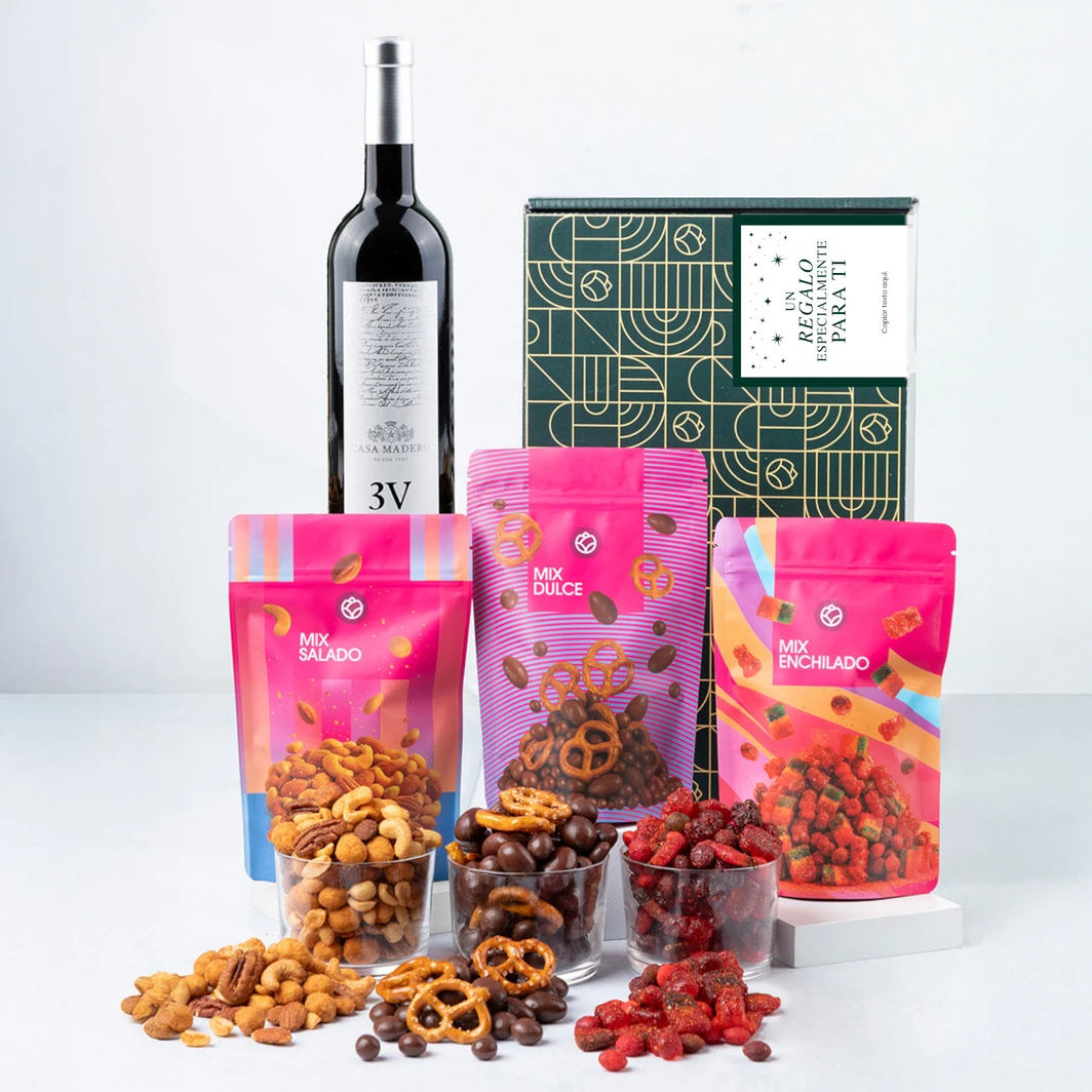 Caja Personalizada Etiqueta con Vino 3V y Botanas 25948
