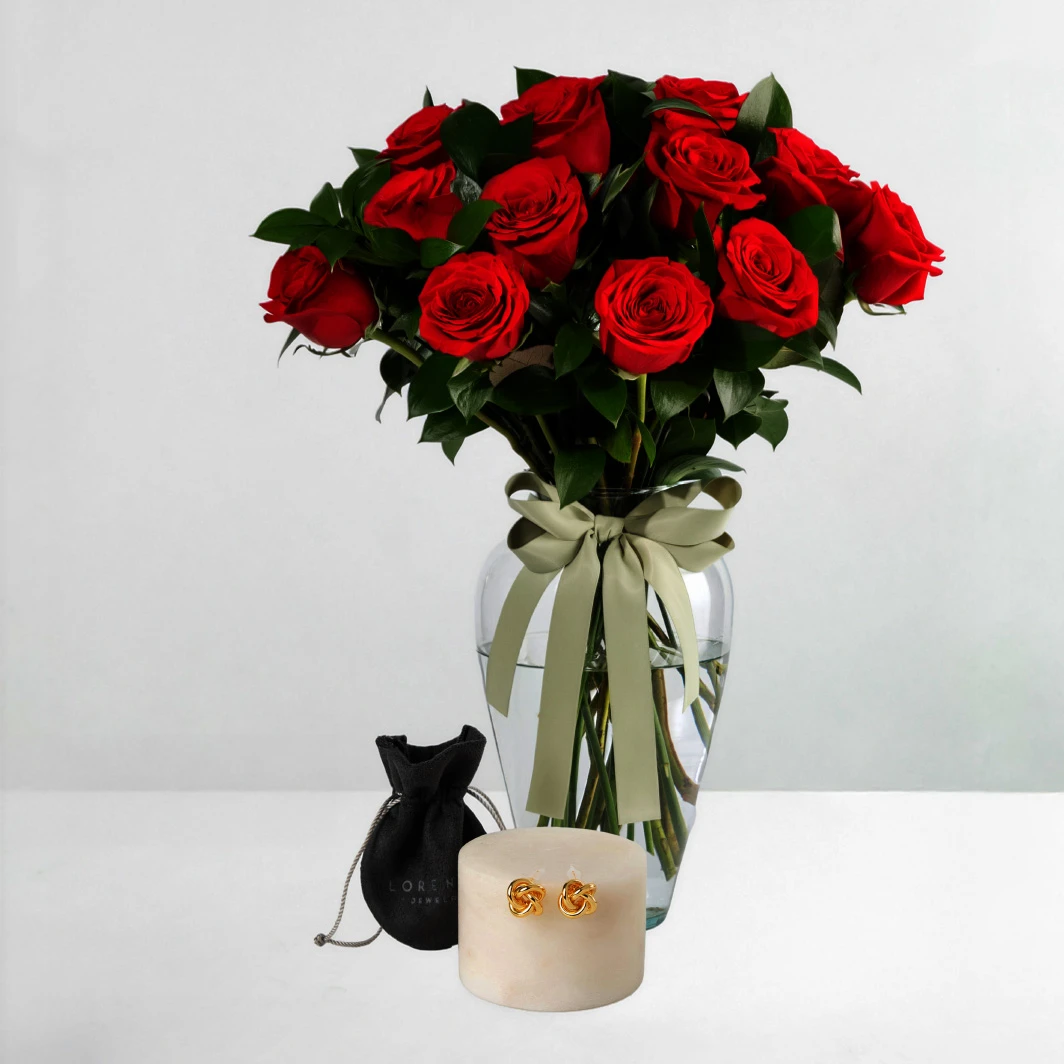 Aretes Nudo Lorenza con 12 Rosas Rojas 25952