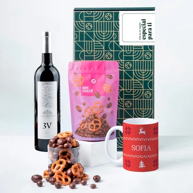 Vino 3V con Taza Personalizada y Mix Dulce Regalo Especial 25976-P