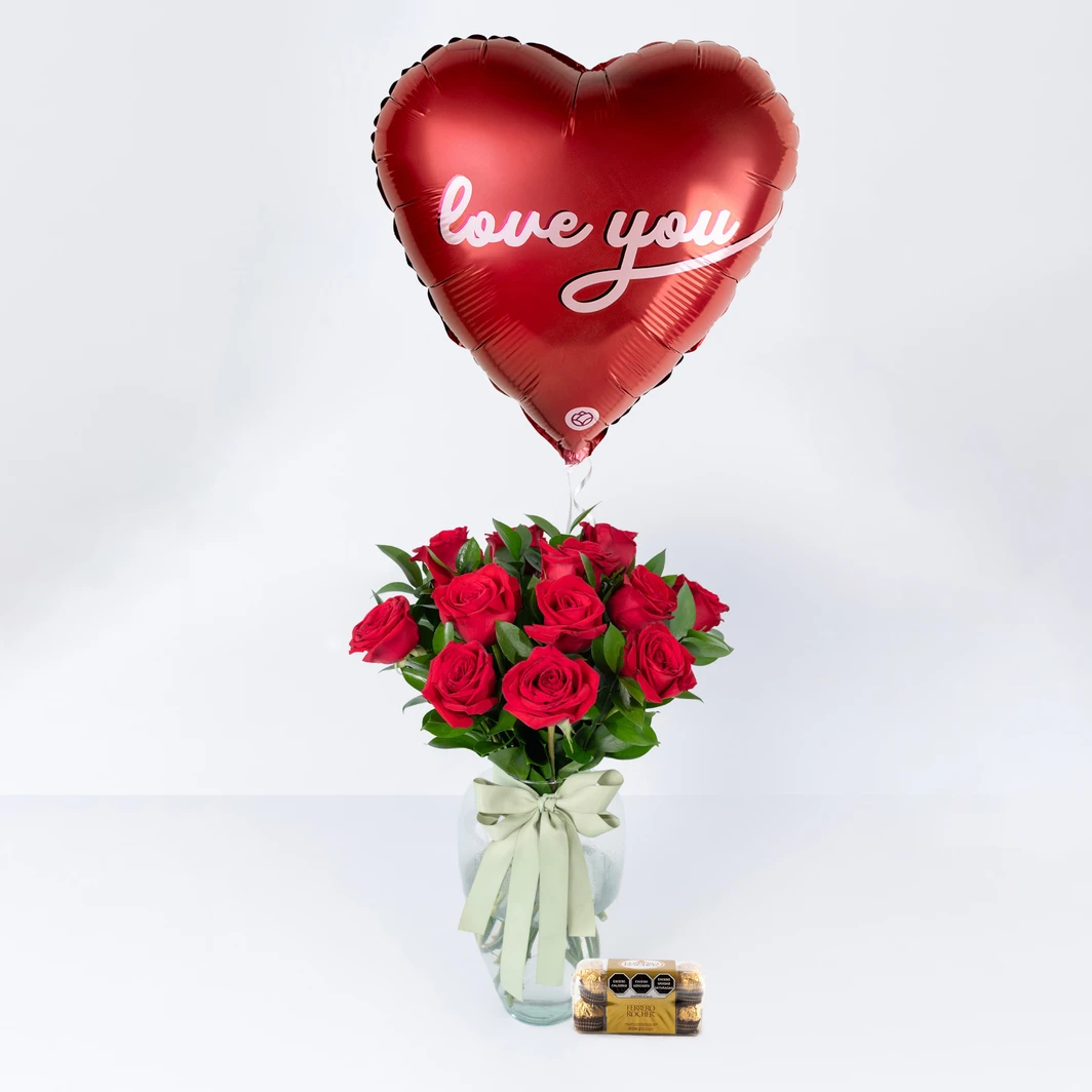 12 Rosas Rojas con Caja Ferrero y Globo "I Love You" 25997