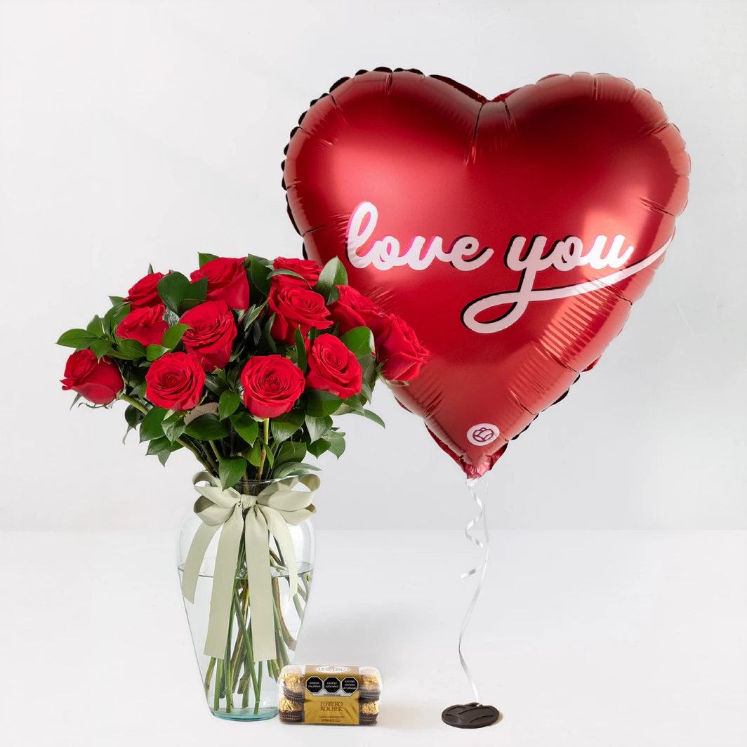 12 Rosas Rojas con Caja Ferrero y Globo "I Love You" 25997