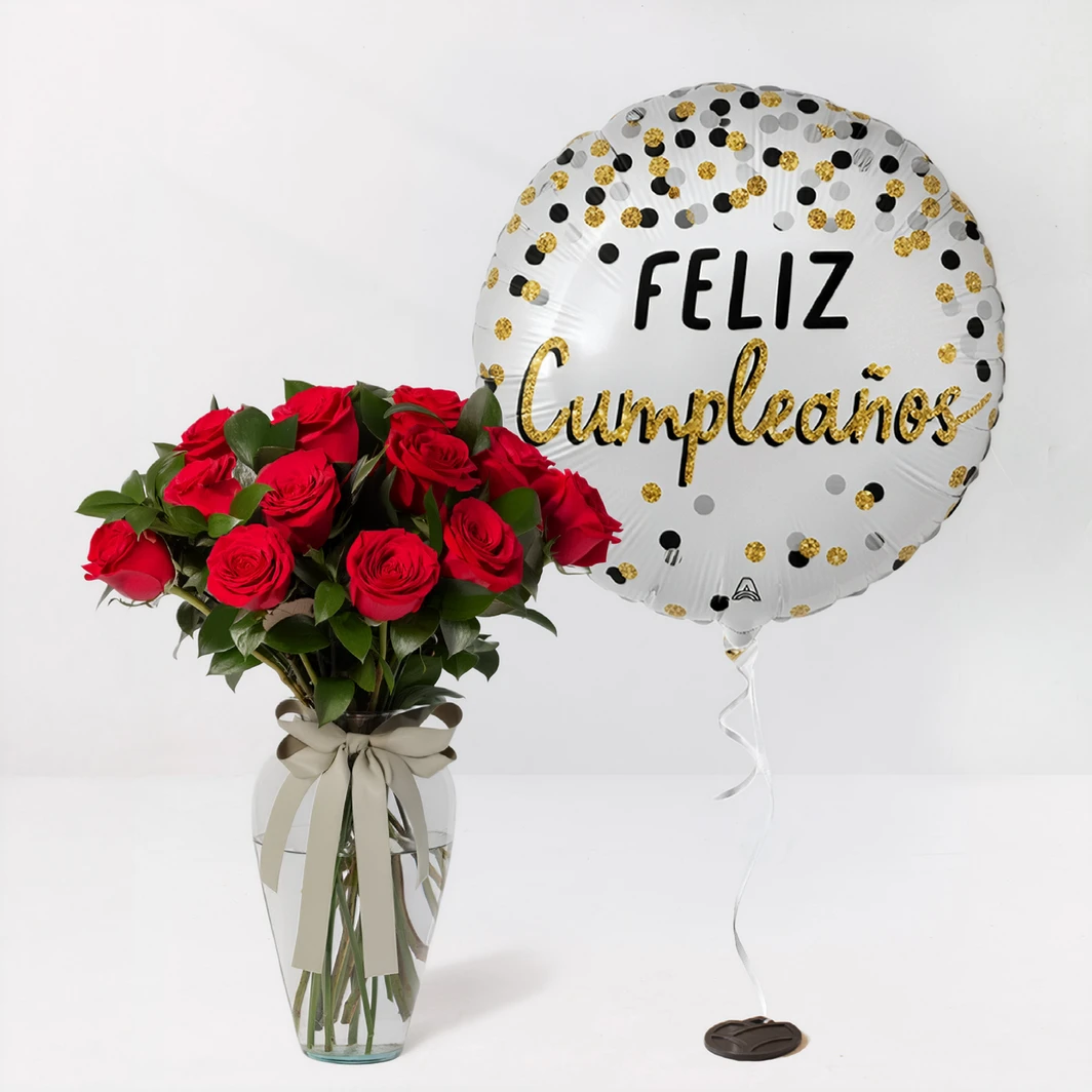 12 Rosas Rojas con Globo Feliz Cumpleaños 26057