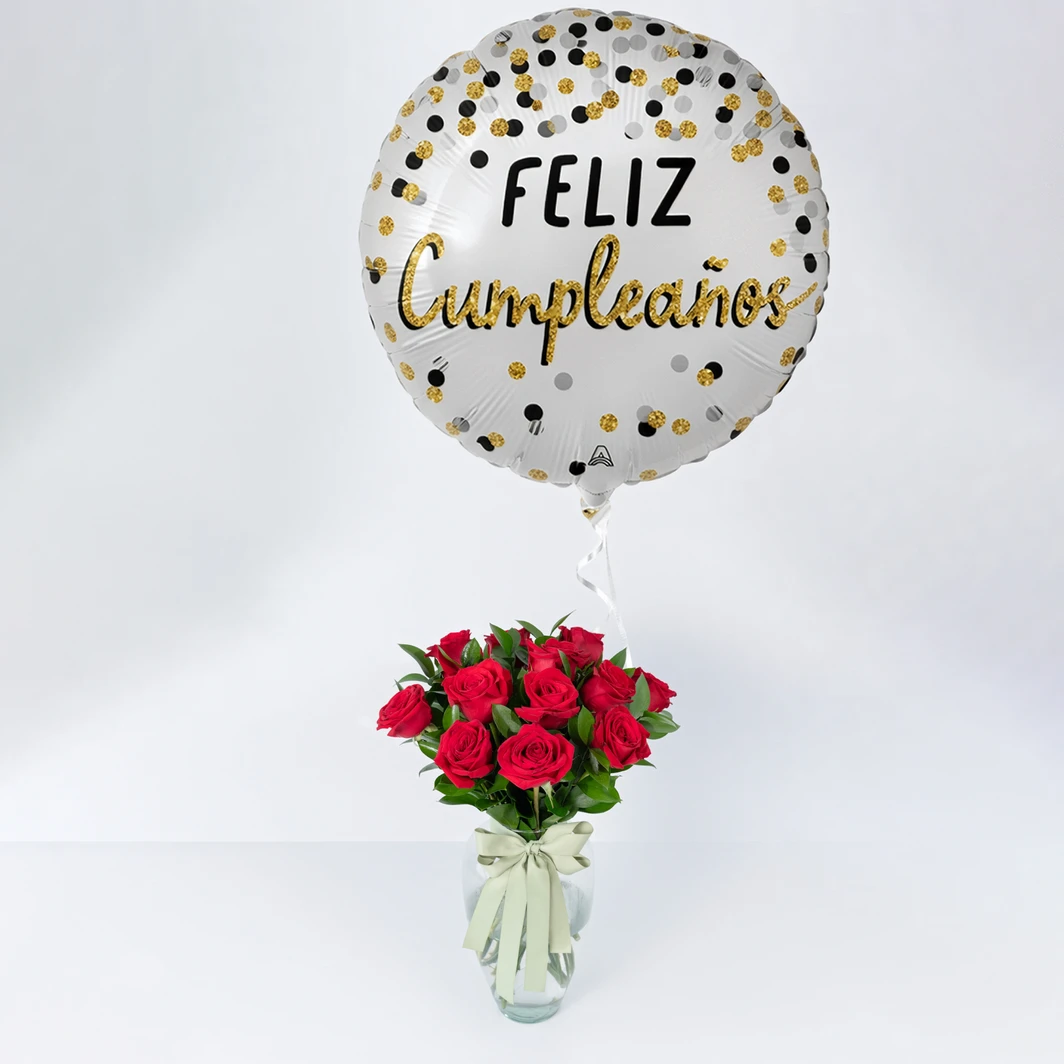 12 Rosas Rojas con Globo Feliz Cumpleaños 26057
