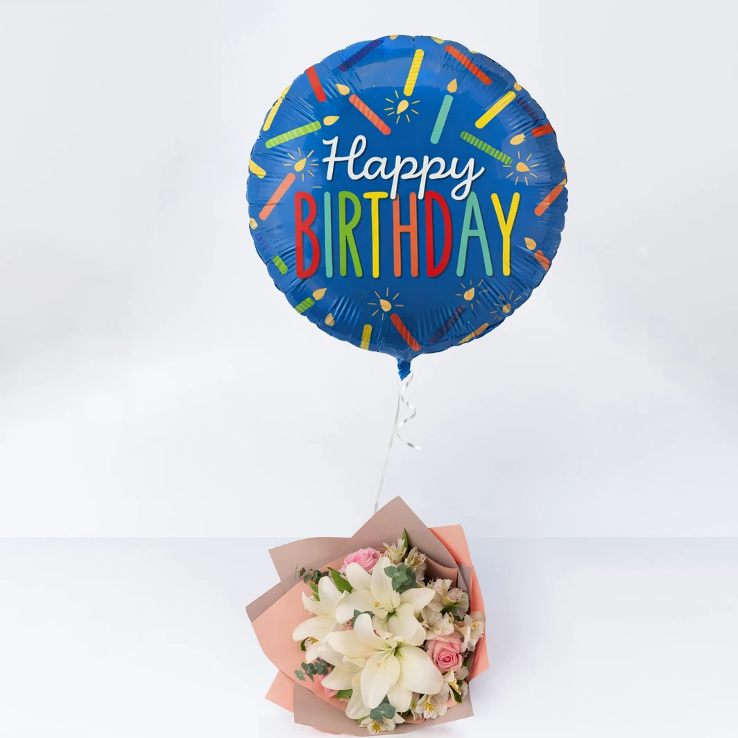 Bouquet of Roses and Lilies with Happy Birthday Balloon 26060