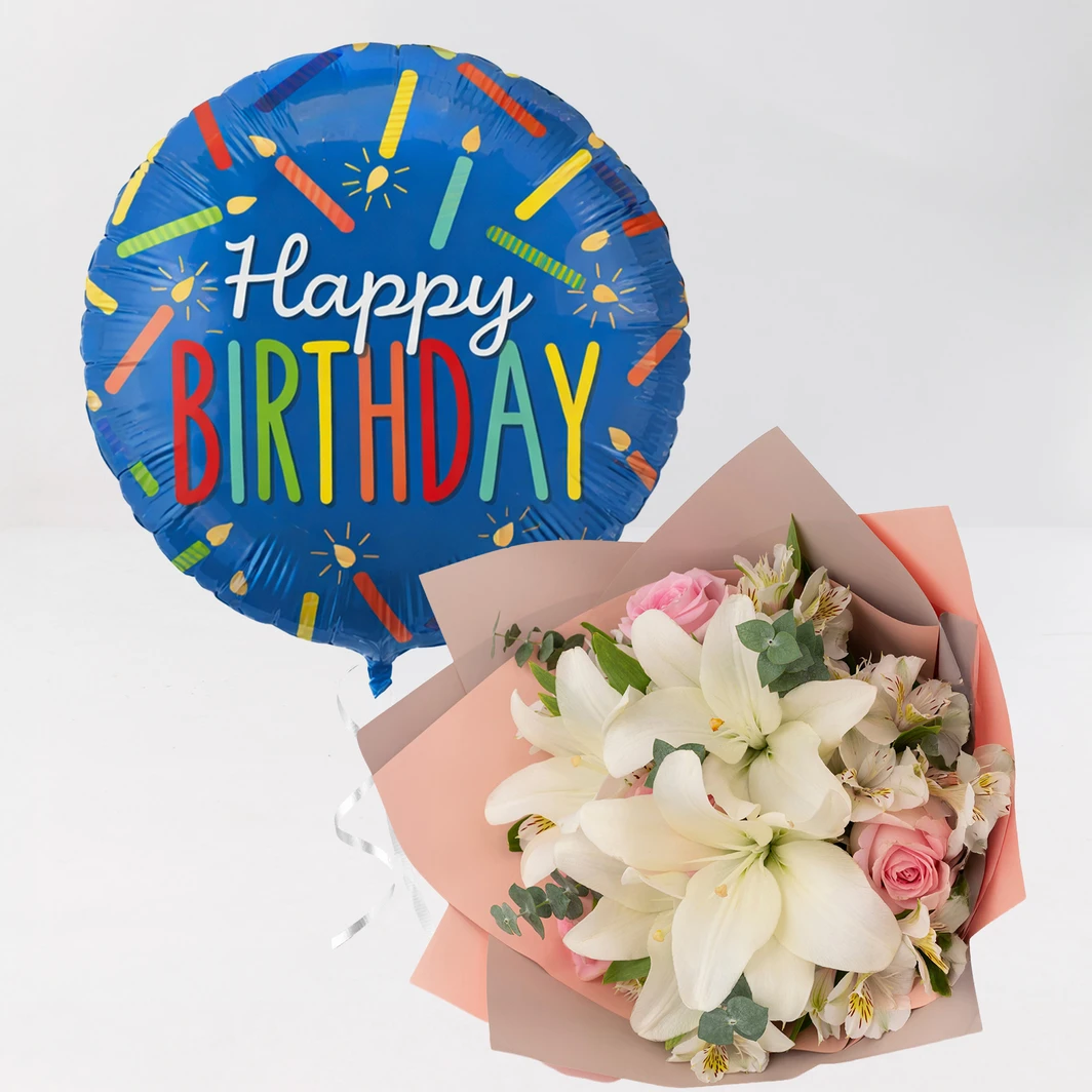 Ramo de Rosas y Lilys con Globo Happy Birthday 26060