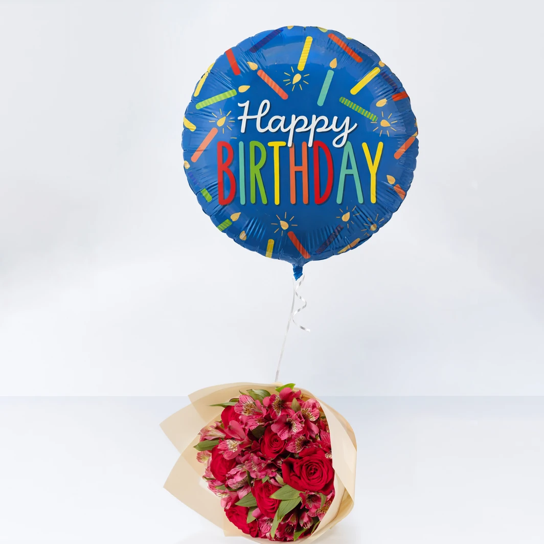 Bouquet of 6 Red Roses with Happy Birthday Balloon 26062