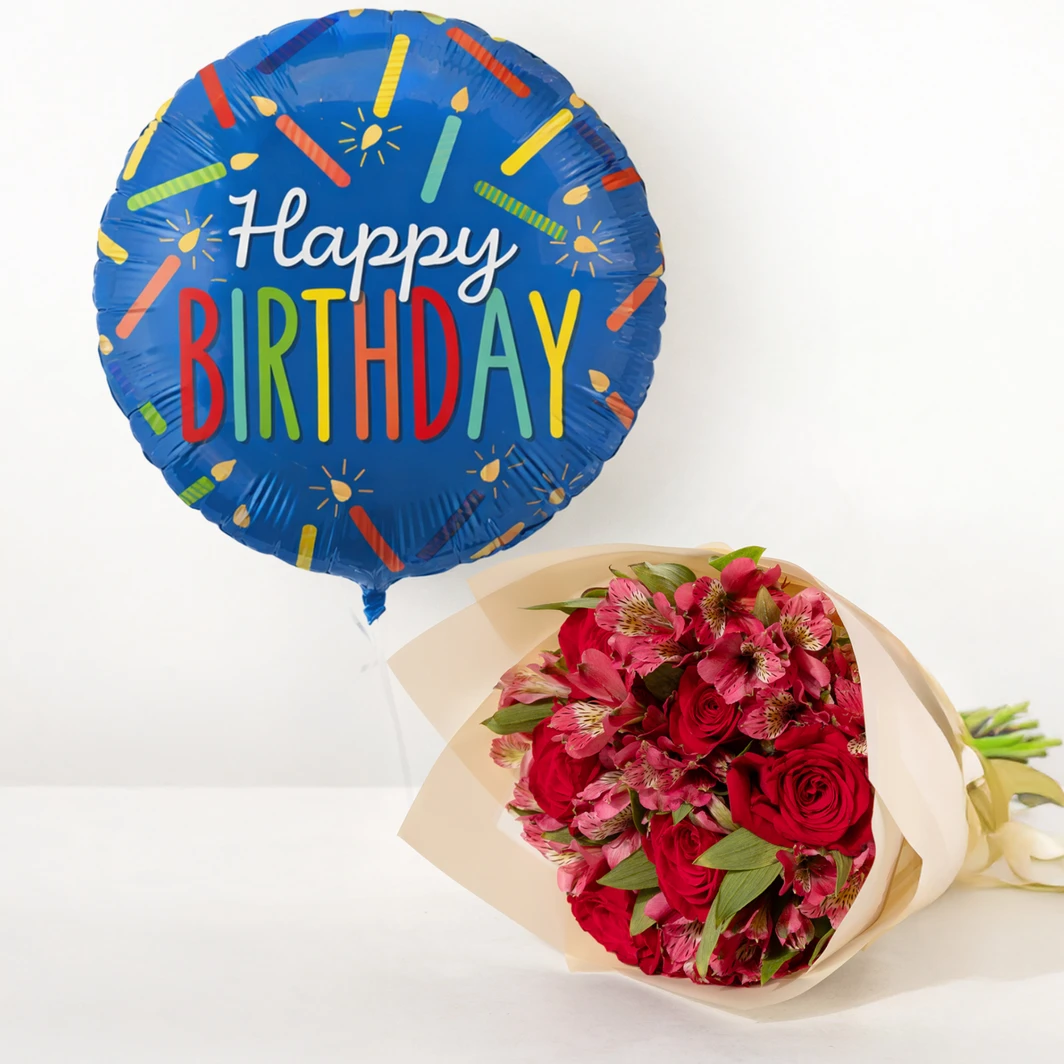 Ramo 6 Rosas Rojas con Globo Happy Birthday 26062