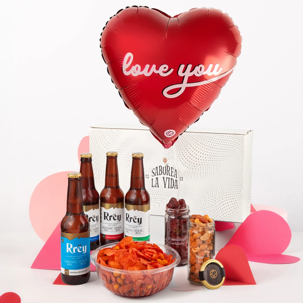 Caja Cerveza Saborea la Vida con Cerveceria Rrey, Frascos de Botana, Globo  Love You y PULPIKA 26077