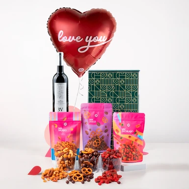 Regalo con Vino Tinto, Botanas y Globo Love You 26078