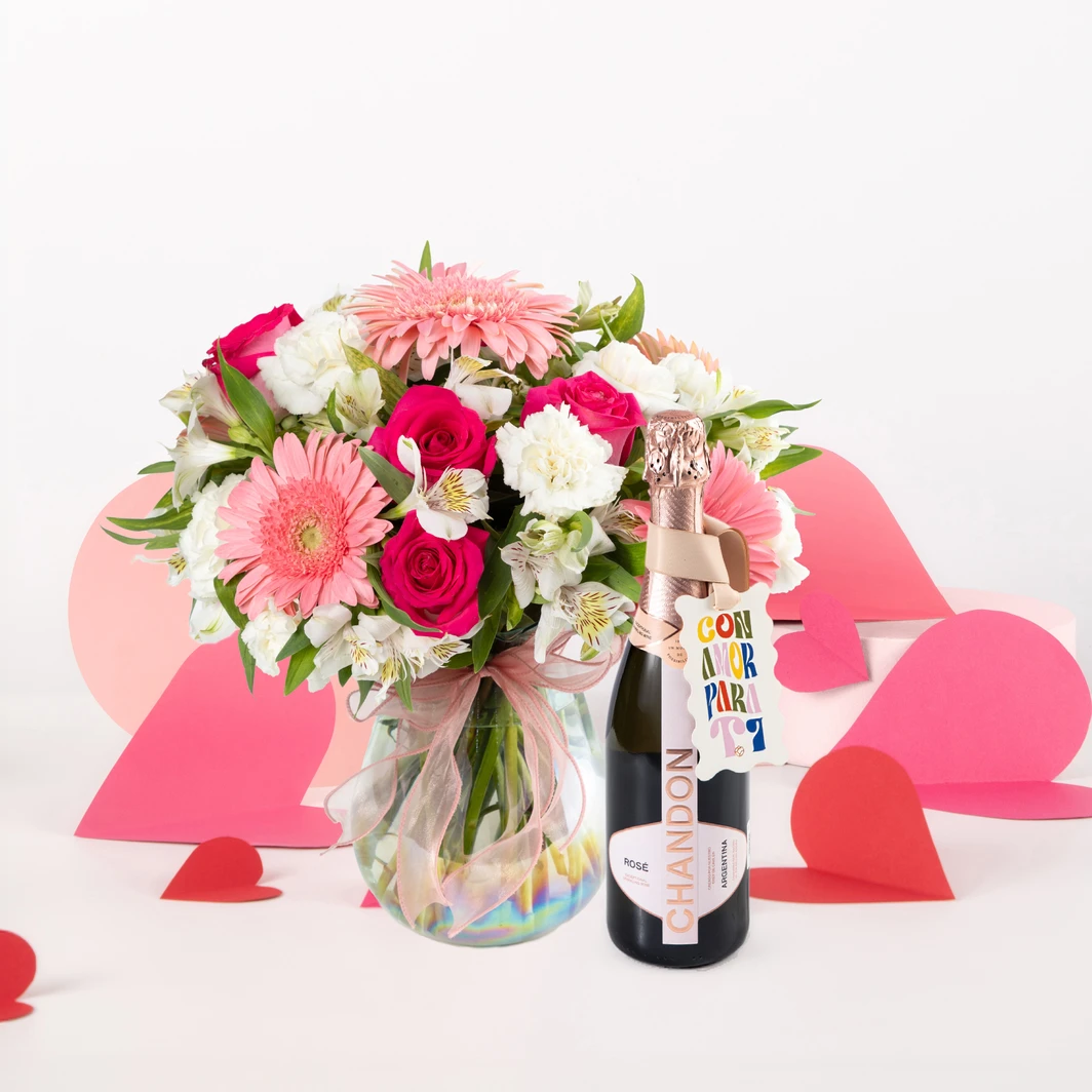 Gerberas y Rosas con Chandon Rosé Distintivo con Amor para ti 26083
