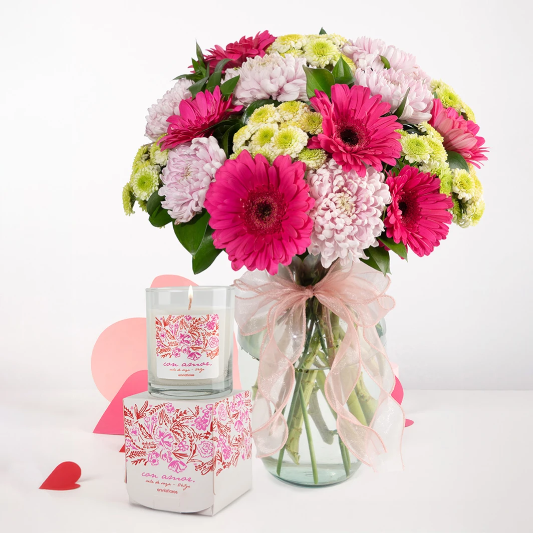 Vela con Amor 240gr & Ramo con Gerberas 26091