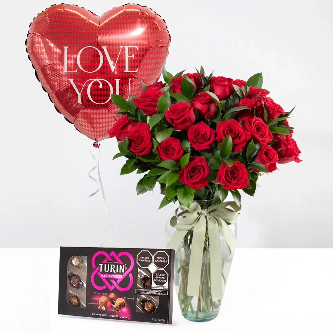 24 Rosas Rojas con Chocolates Turín y Globo "Love you" 26102