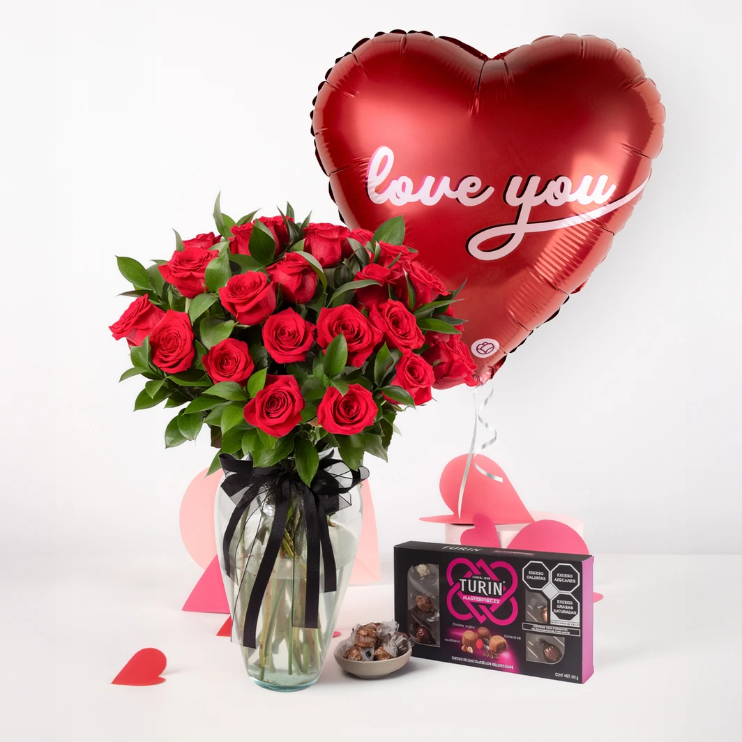 24 Rosas Rojas con Chocolates Turín y Globo "Love you" 26102