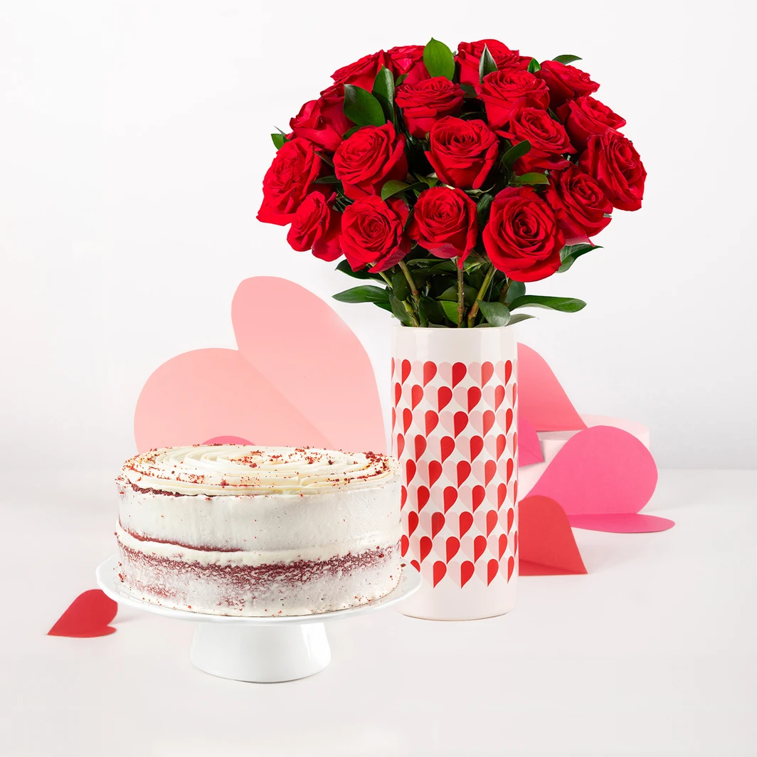 18 Rosas Rojas con Pastel Red Velvet Vivián 26106