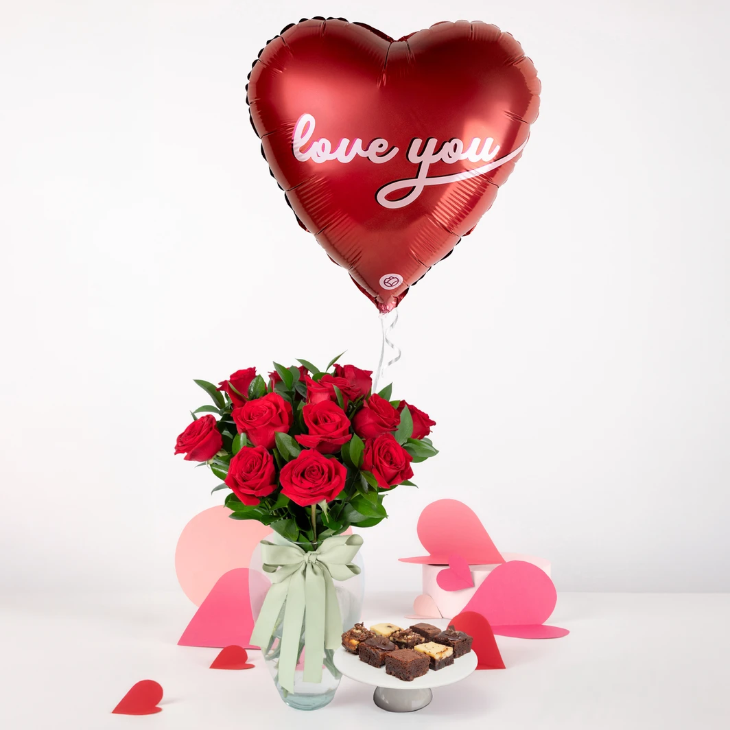 12 Rosas Rojas con Brownies Mil Miel y Globo "Love You" 26110